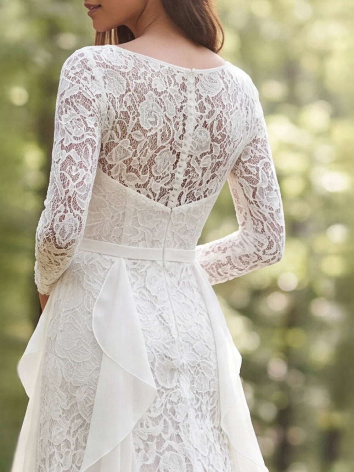 Ivory lace bateau-neck wedding dress back with long sleeves and layered chiffon ruffle panels