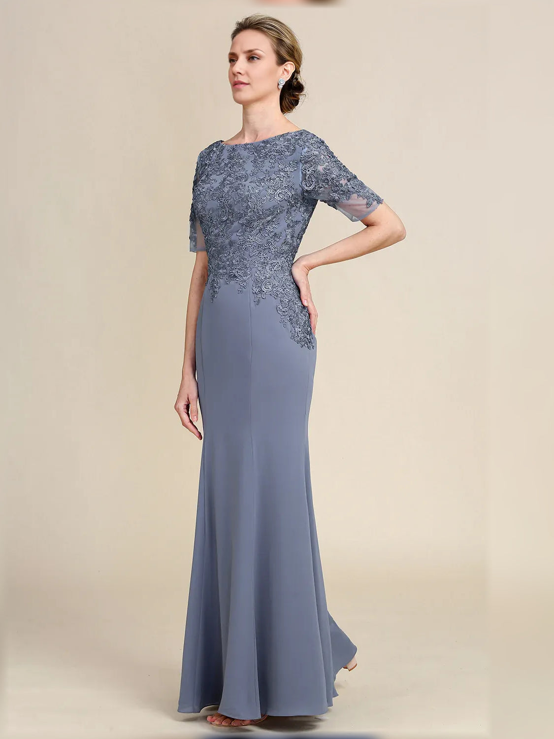 Dusty blue lace cap-sleeve maxi sheath dress with fitted bodice and flowing skirt