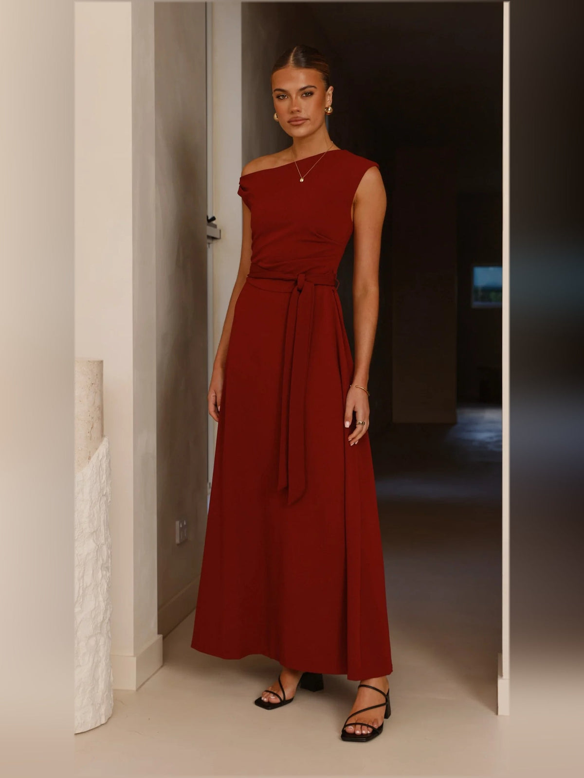 Burgundy a-line maxi formal dress with a-line, alternate view showing the waist