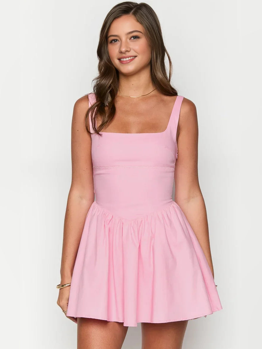 Light pink square-neck A-line mini dress with sleeveless straps and gathered skirt