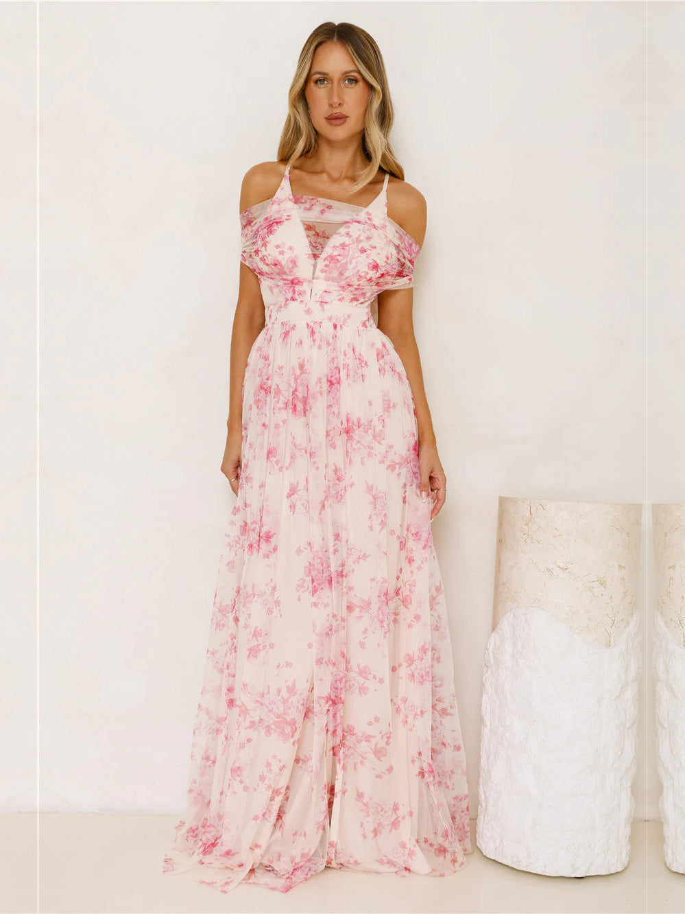 Fuchsia a-line maxi formal dress with skirt slit, alternate view showing the waist