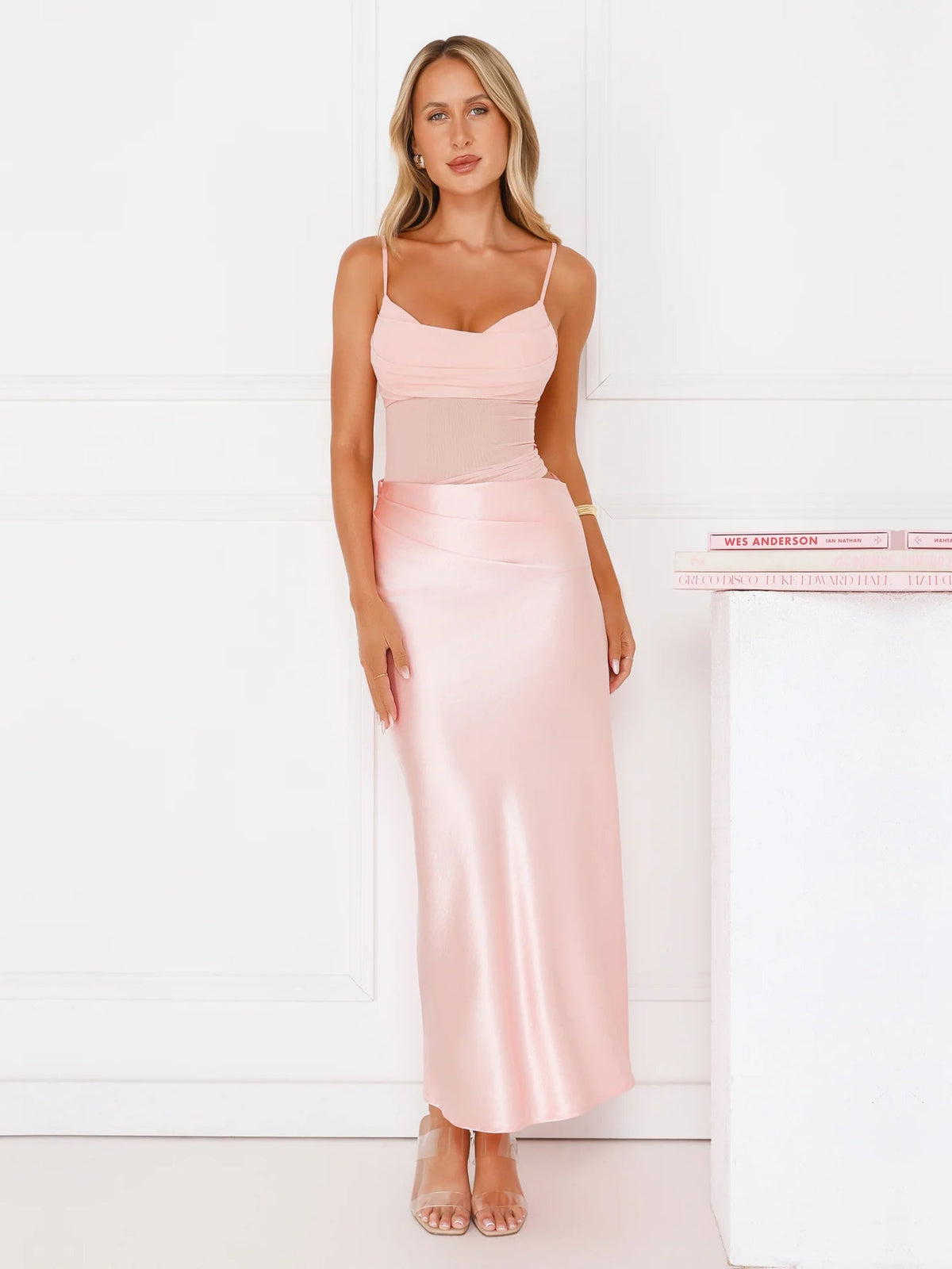 Pink sheath maxi formal dress with strapless neckline, alternate view showing the waist