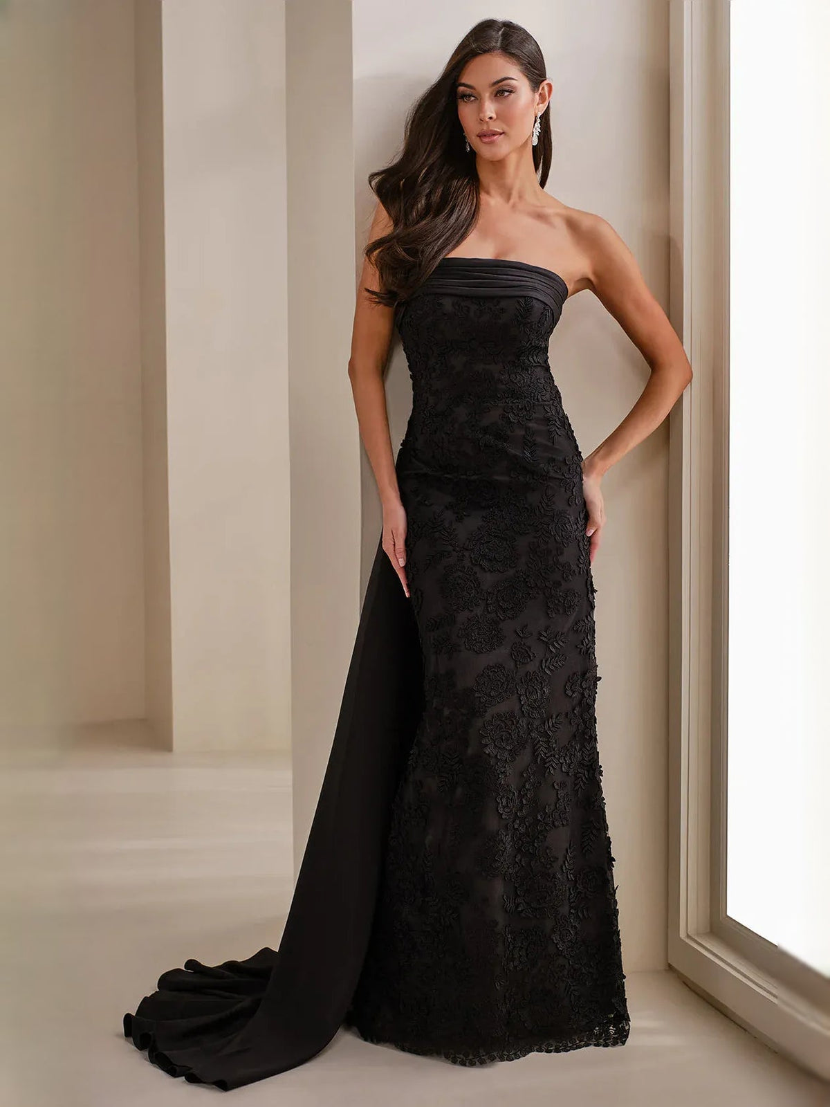 Black strapless lace mermaid formal dress with floral texture and sweeping train