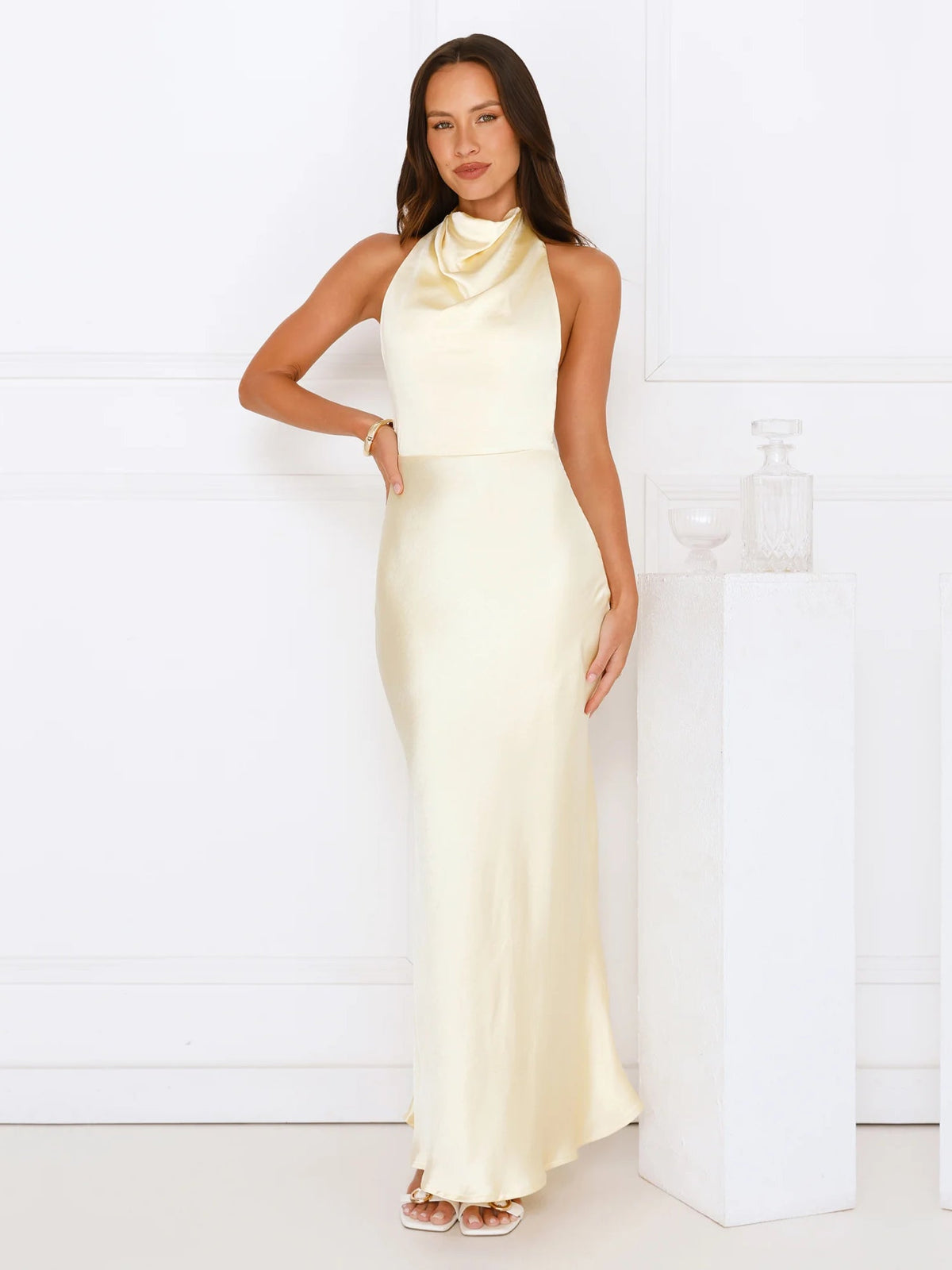 Yellow sheath maxi formal dress with draping, alternate view showing the waist