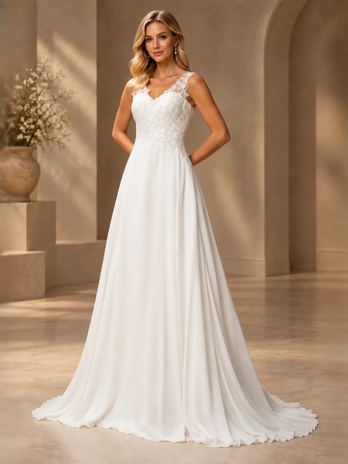 White sleeveless A-line wedding dress with lace V-neck bodice and long flared hem