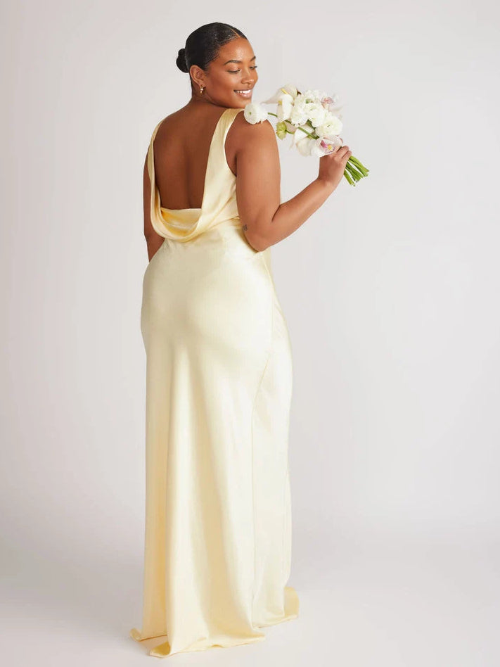 Lemon cowl-neck mermaid bridesmaid dress, sleeveless, floor-length, draped neckline