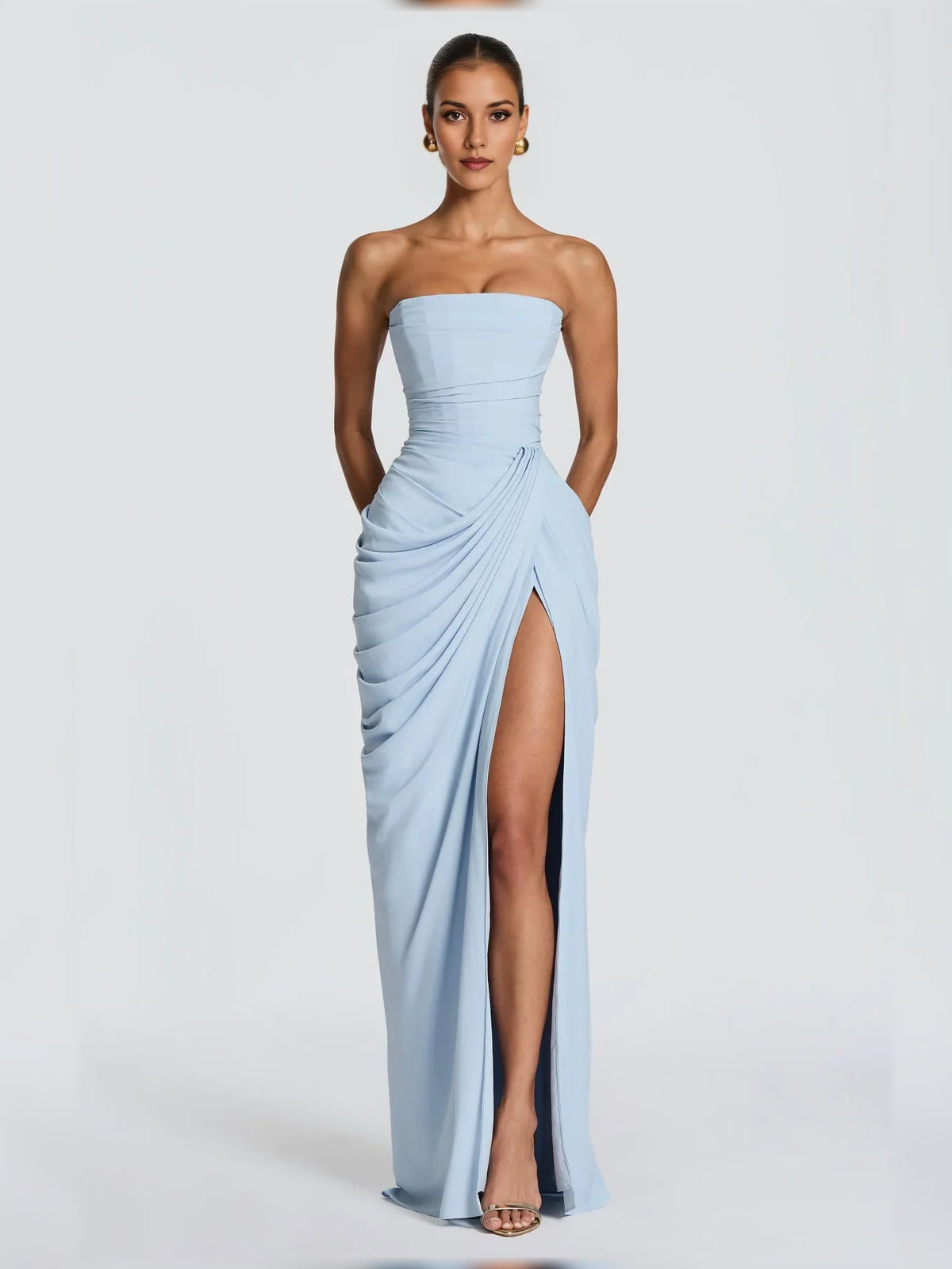 Off-shoulder corset ruched floor-length formal dress, light blue with front slit