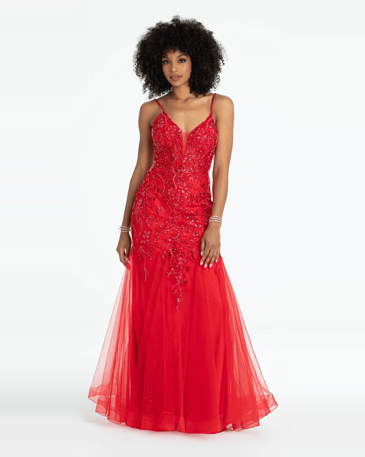 Red beaded corset mermaid formal dress with plunging neckline and sheer tulle skirt