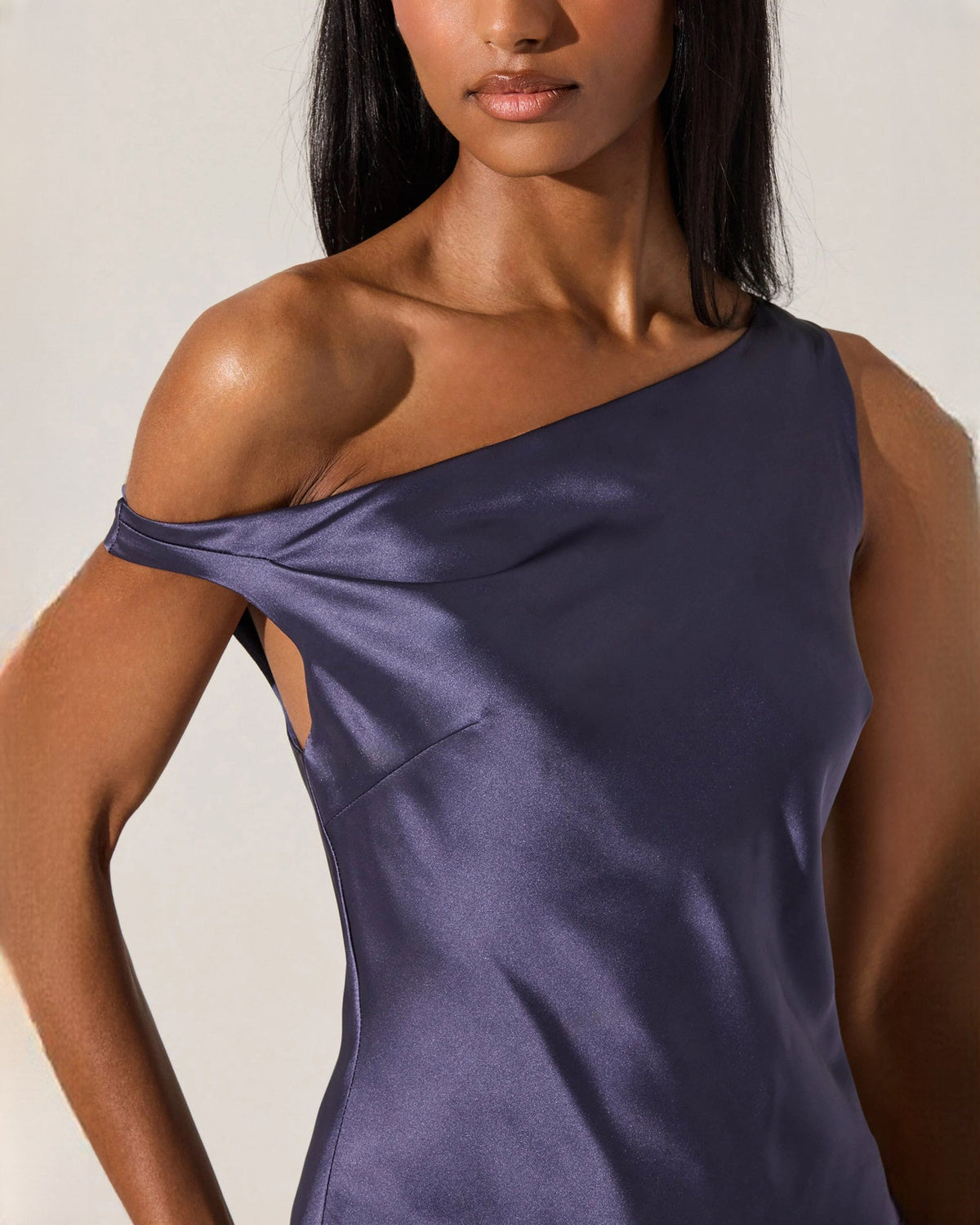 Royal blue off-shoulder satin midi dress detail, single-shoulder neckline and drape