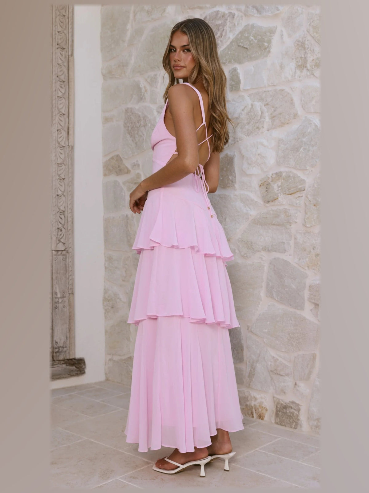 Pink maxi formal dress, alternate full-length view showing the skirt