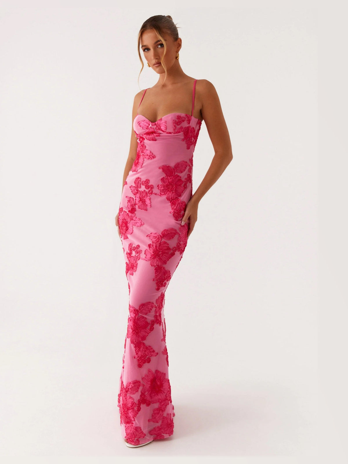 Pink maxi formal dress, alternate full-length view showing the skirt