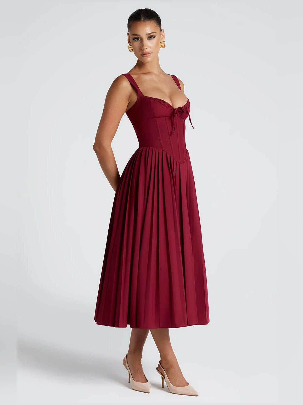 Berry midi formal dress with sweetheart neckline, pleated skirt, and bow waist detail
