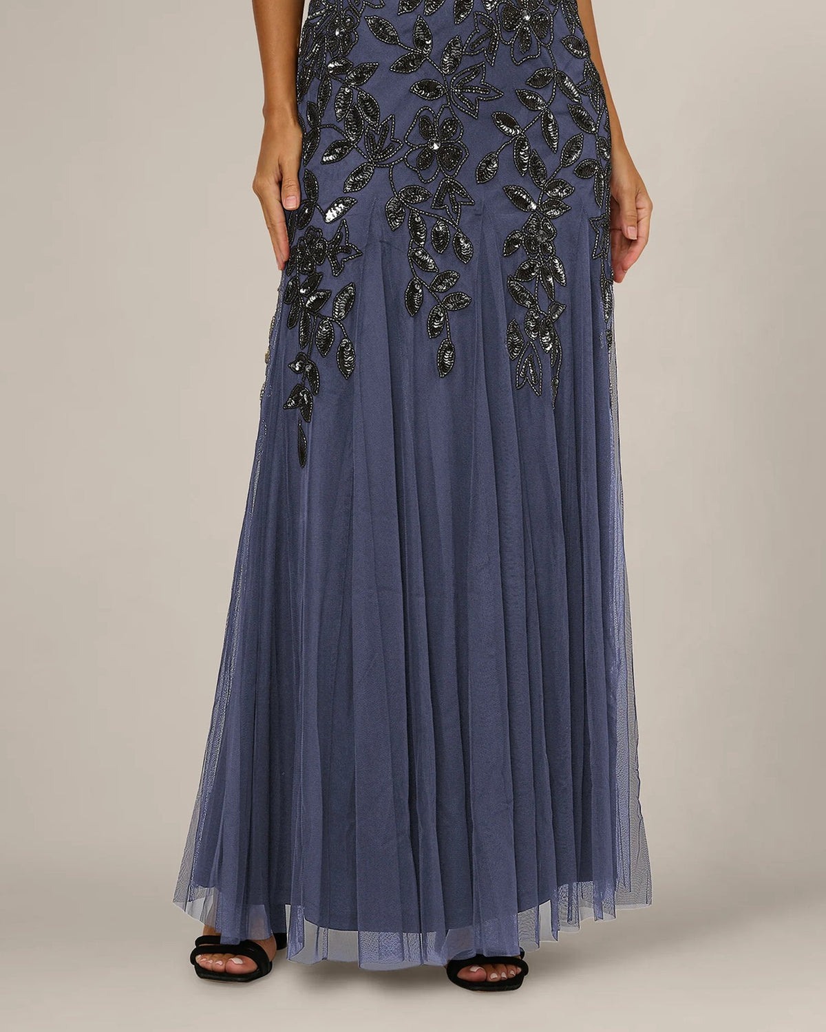 Dusty periwinkle A-line maxi skirt with beaded floral detailing over mesh tulle