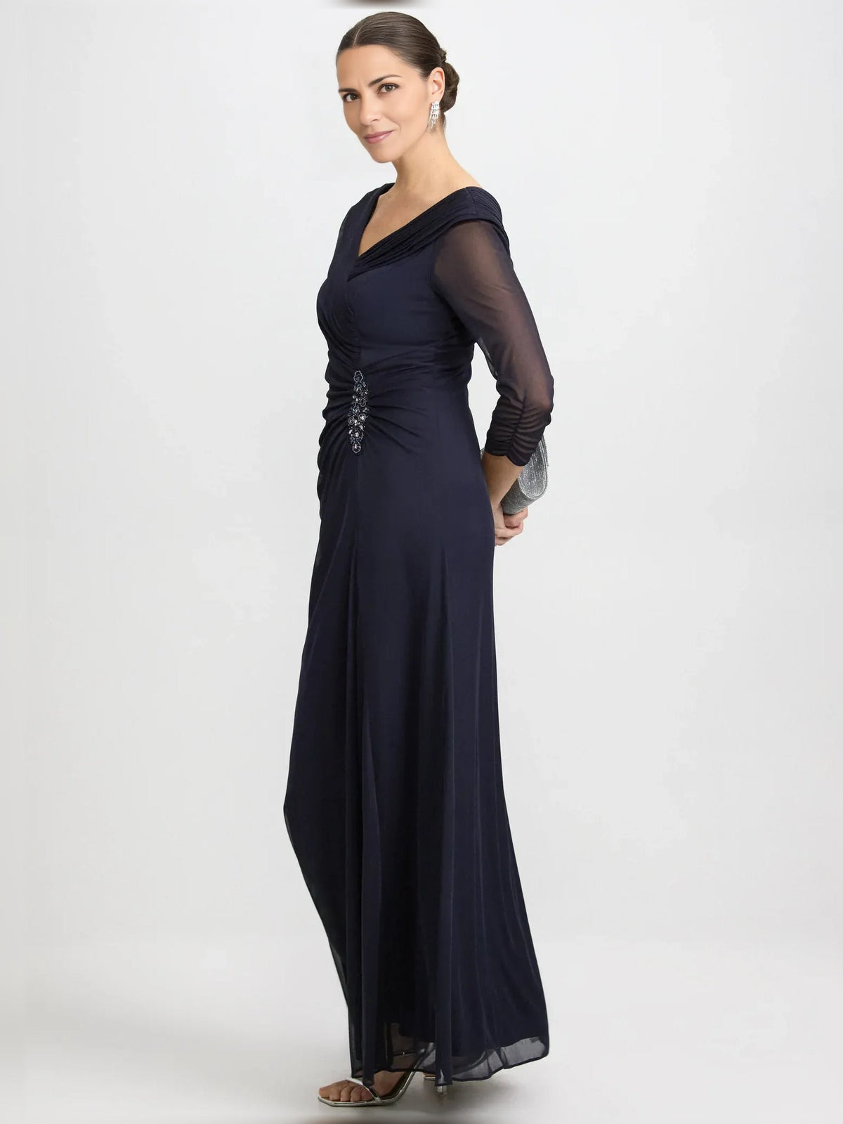 Dark navy A-line mother of the bride dress with draped V-neck bodice, sheer sleeves