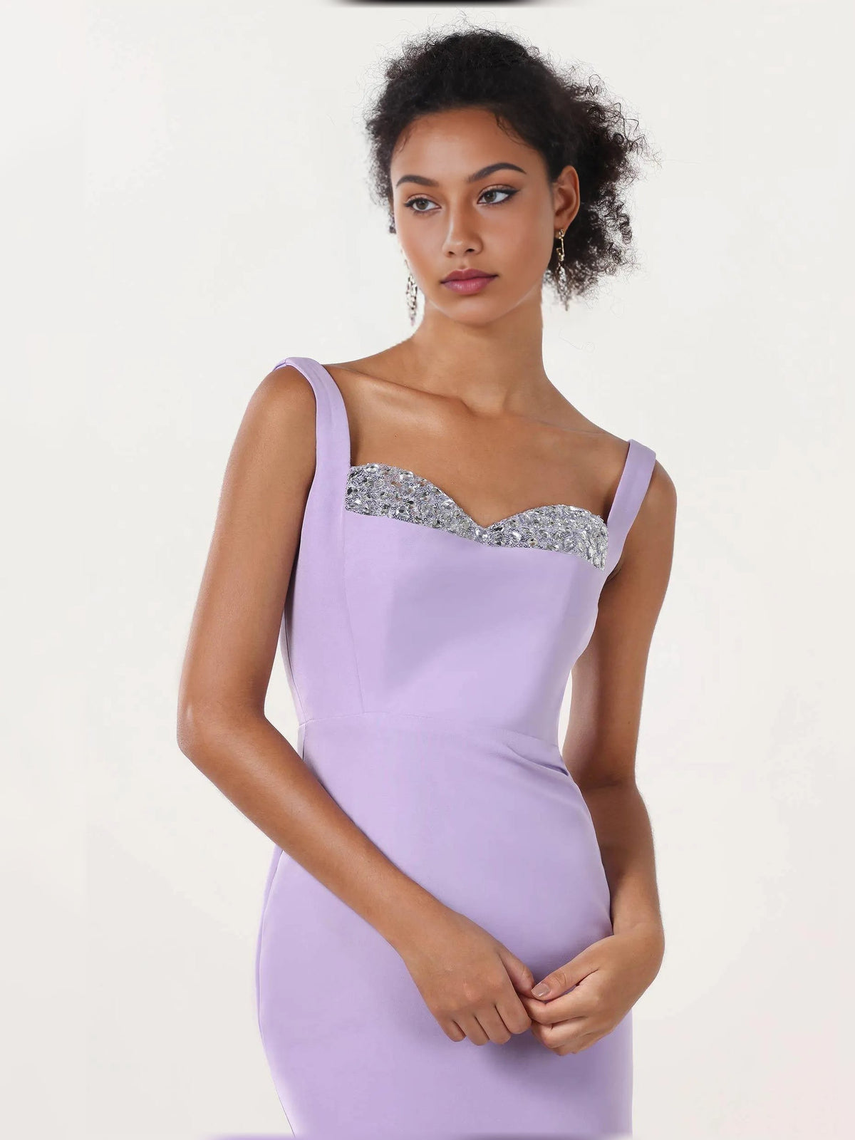 Lilac formal dress with sparkling beaded sweetheart neckline and spaghetti straps