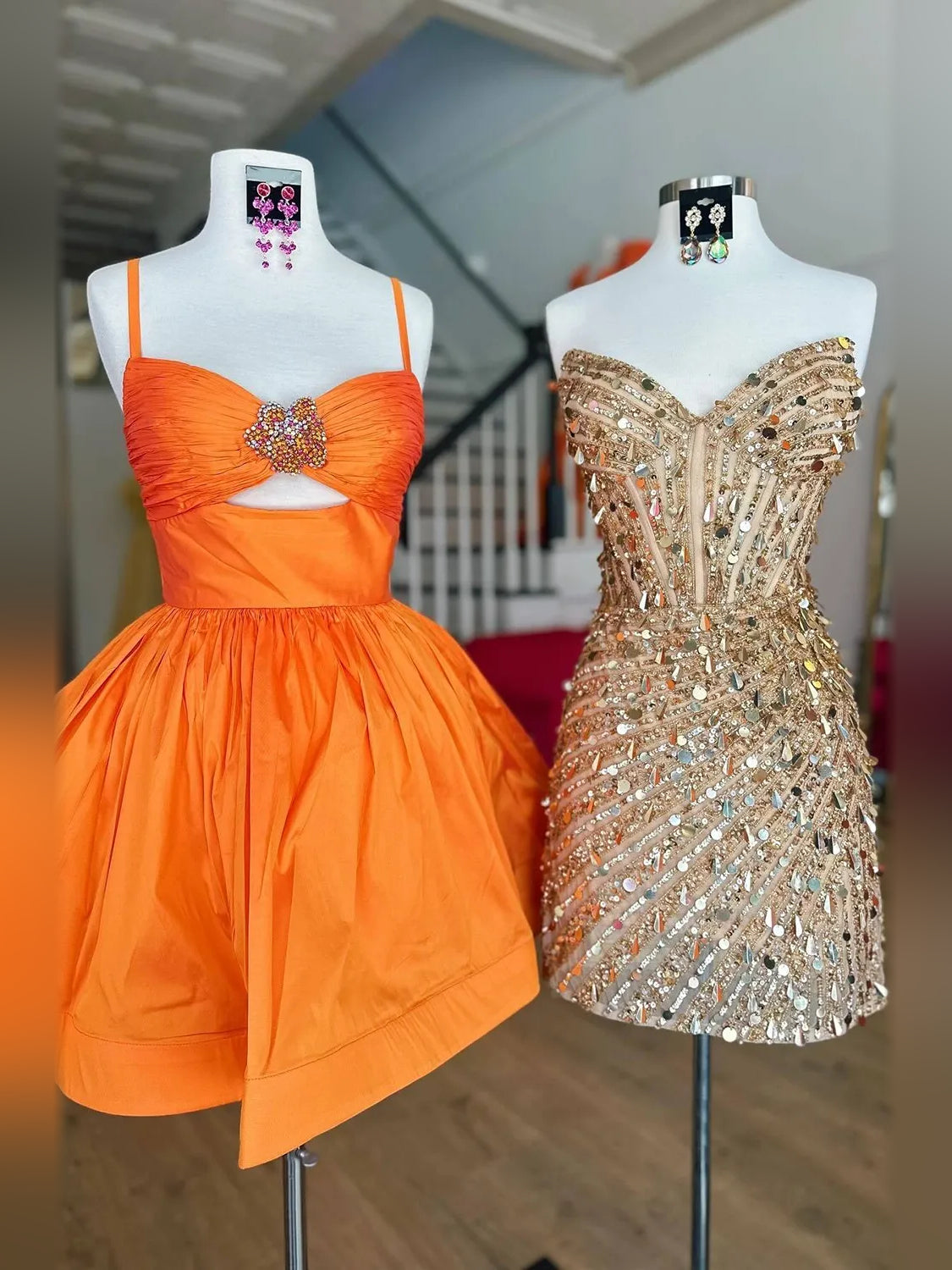 Two-tone sequin dresses: orange satin bow and gold strapless sequin sheath