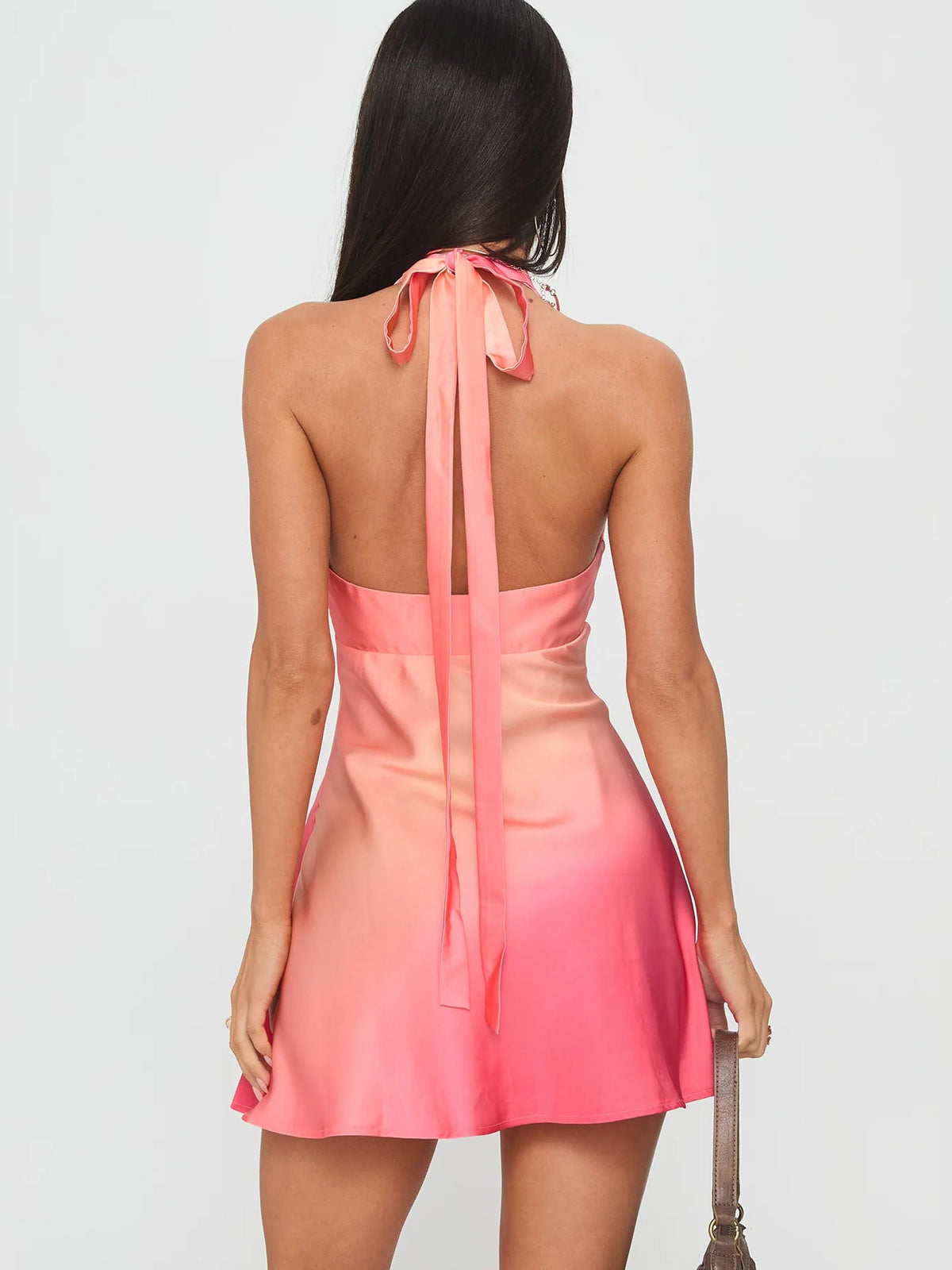Pink halter mini dress with open back and long tie halter straps