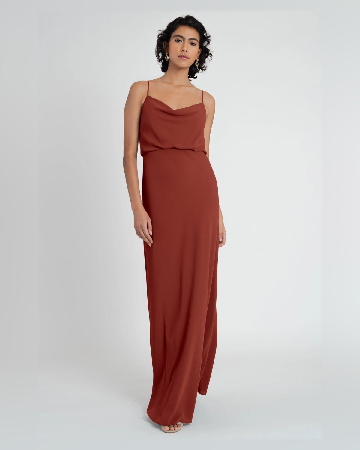 Rust draped cowl-neck A-line formal dress, floor-length, spaghetti straps