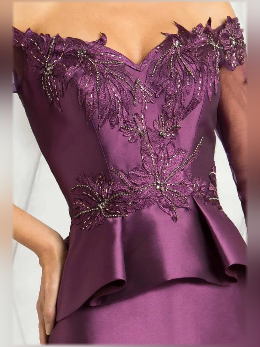Plum off-shoulder formal gown with beaded floral appliques and peplum overlay