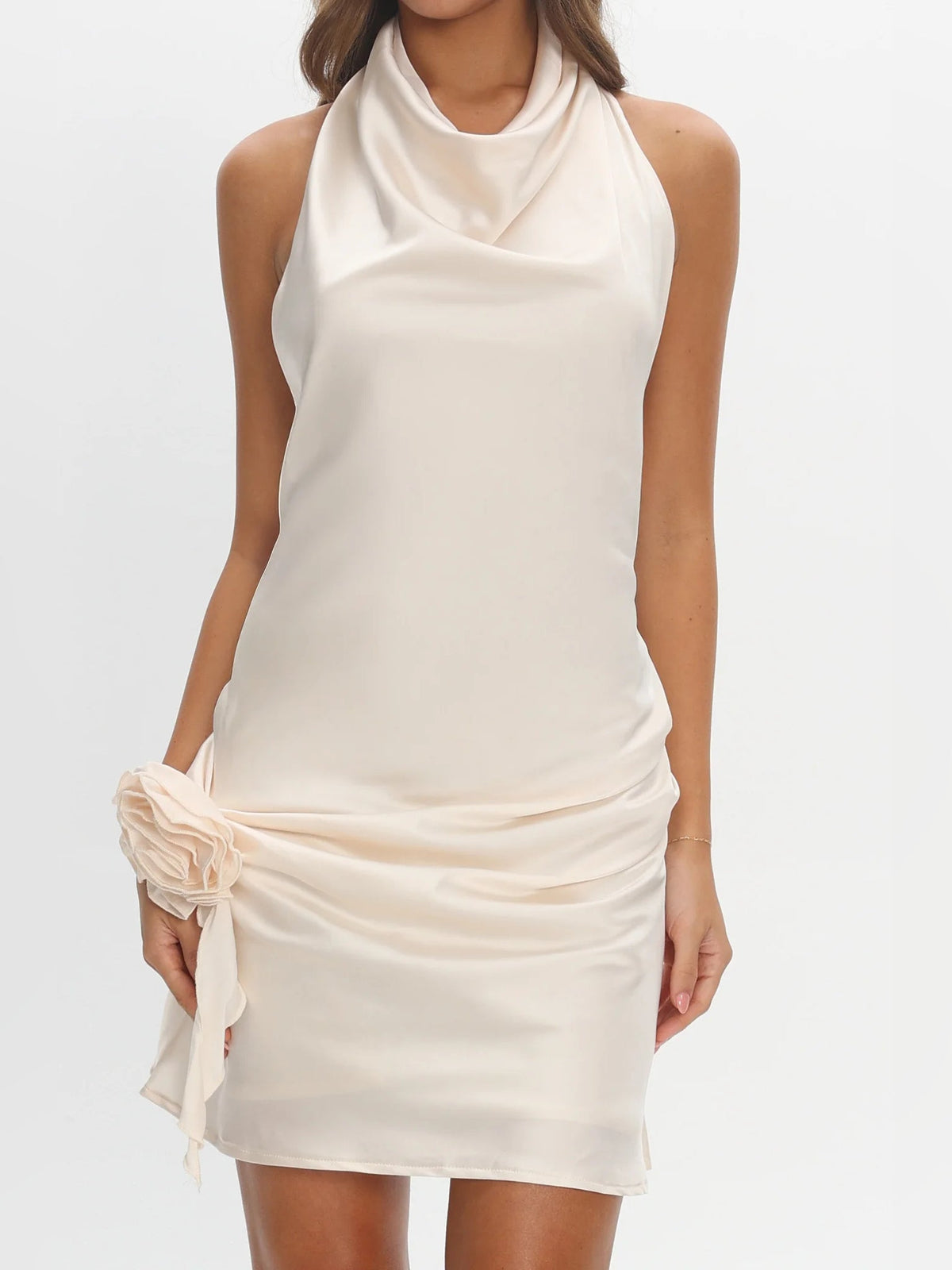 Pearl satin halter mini dress with cowl neckline and gathered ruched skirt