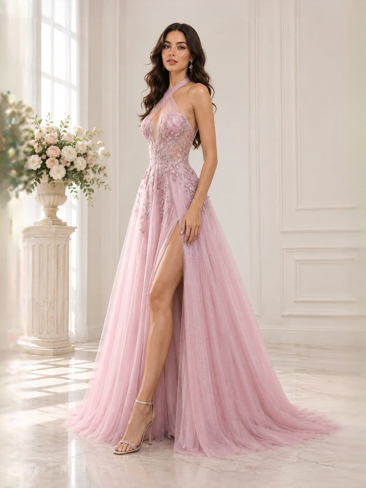 Pink halter tulle prom dress with floral lace bodice and high front slit skirt.