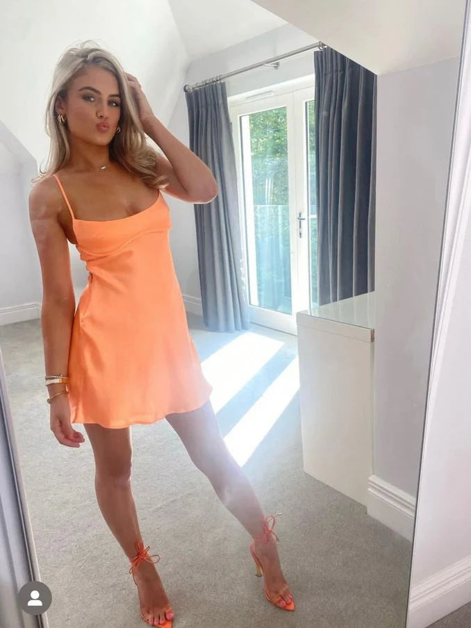 Orange satin mini slip dress with square neckline and thin straps, front view.