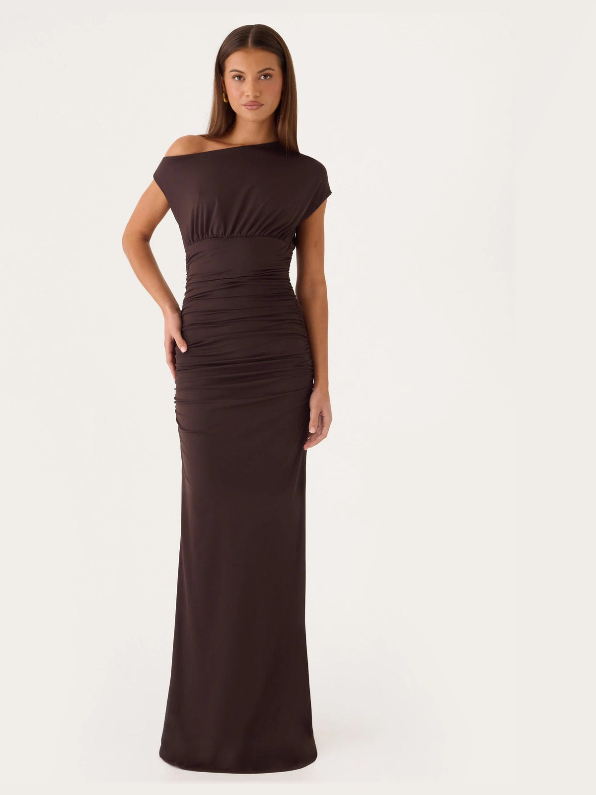 Chocolate formal dress with a-line detailing