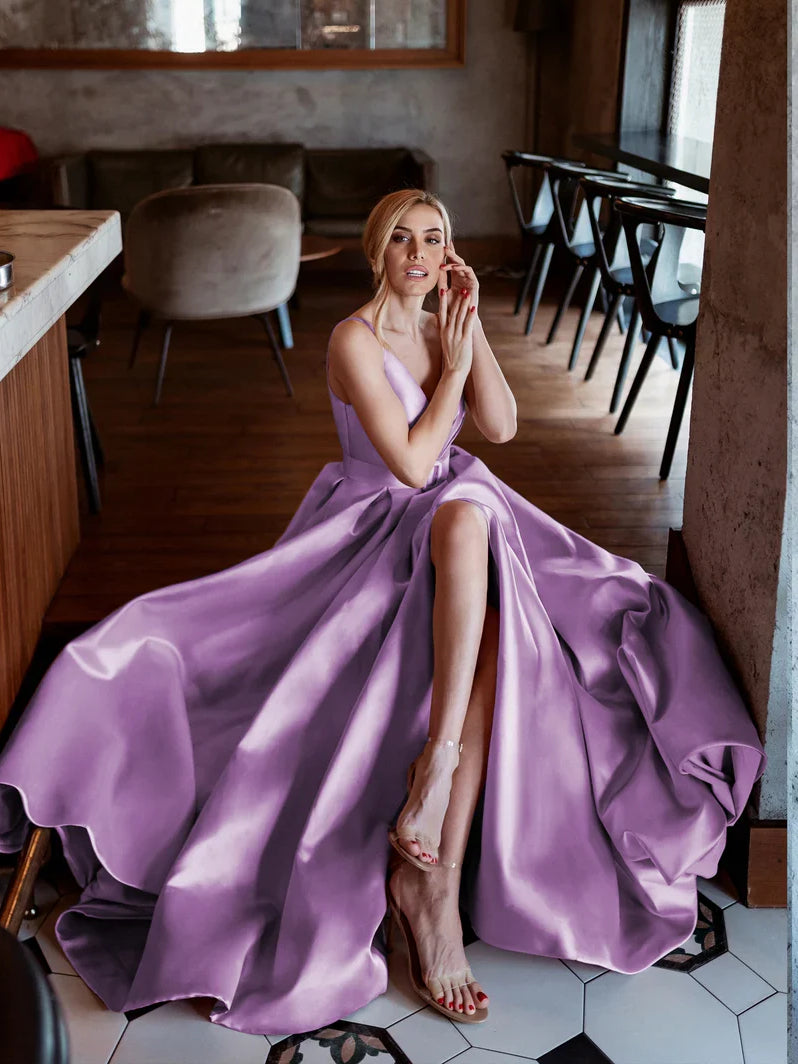 Lilac satin V-neck sleeveless A-line floor-length dress with front slit