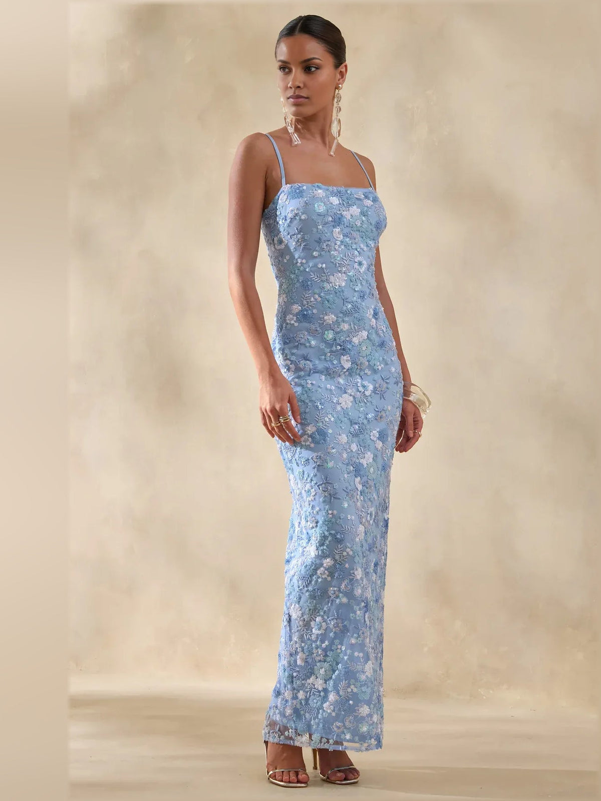 Blue floral print spaghetti strap slit formal dress, floor-length fitted silhouette