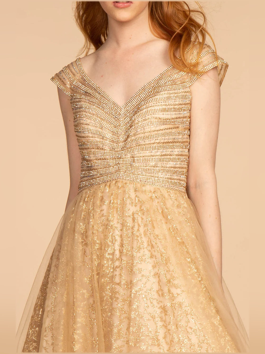 Gold beaded glitter V-neck bodice with cap sleeves, A-line tulle skirt