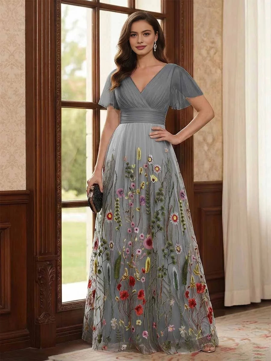 Gray V-neck A-line tulle dress with ruched waist, short sleeves, and floral embroidery
