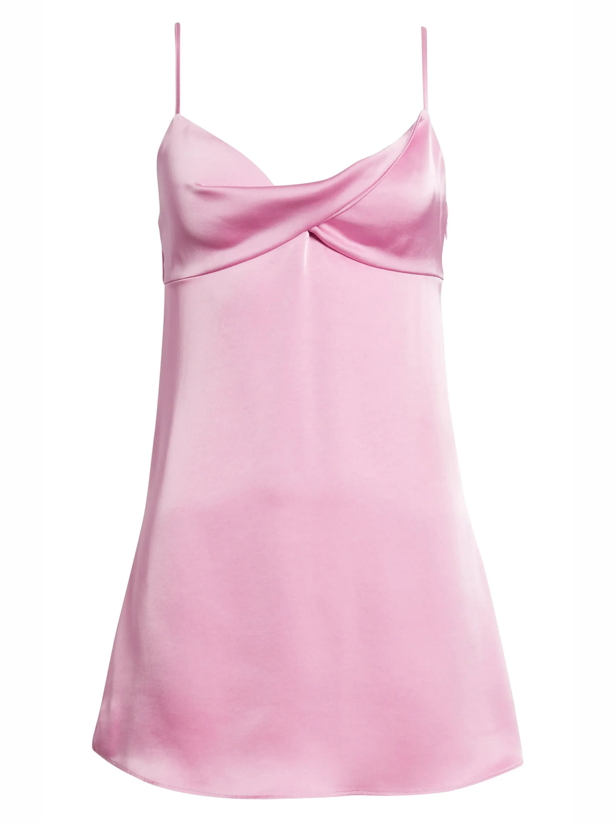 Pink satin mini slip dress with draped cowl-twist bodice and thin spaghetti straps