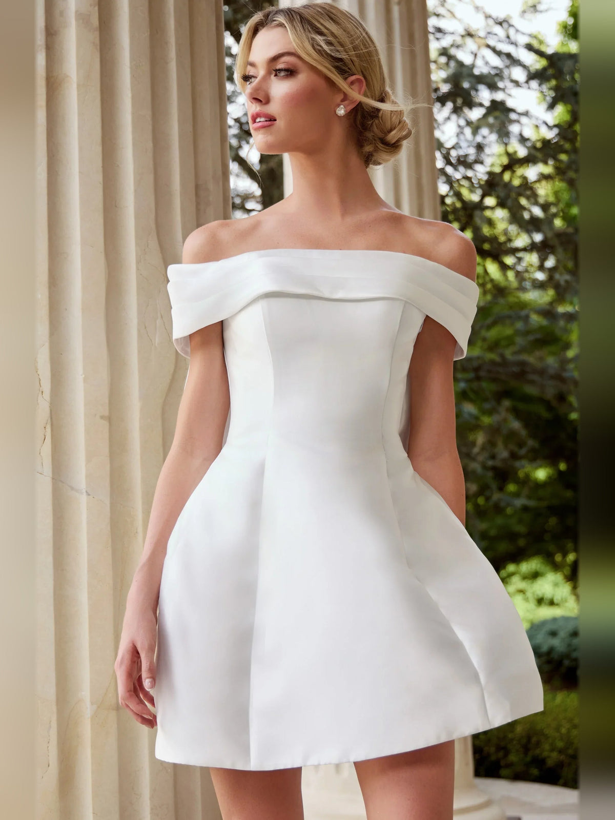 Ivory satin off-shoulder A-line mini dress with smooth corset bodice