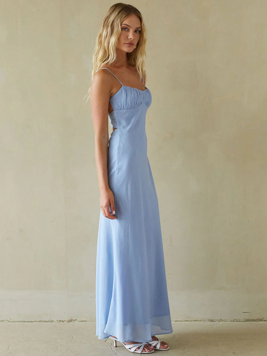 Yellow sheath maxi formal dress with sheath, alternate view showing the waist