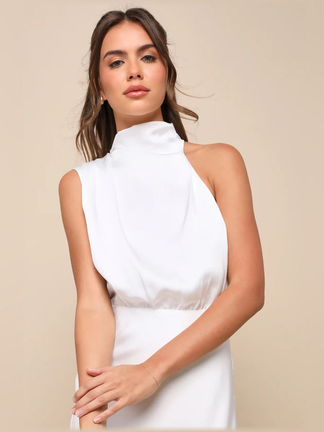 White satin sleeveless high-neck midi dress close-up of collar and gathered waist