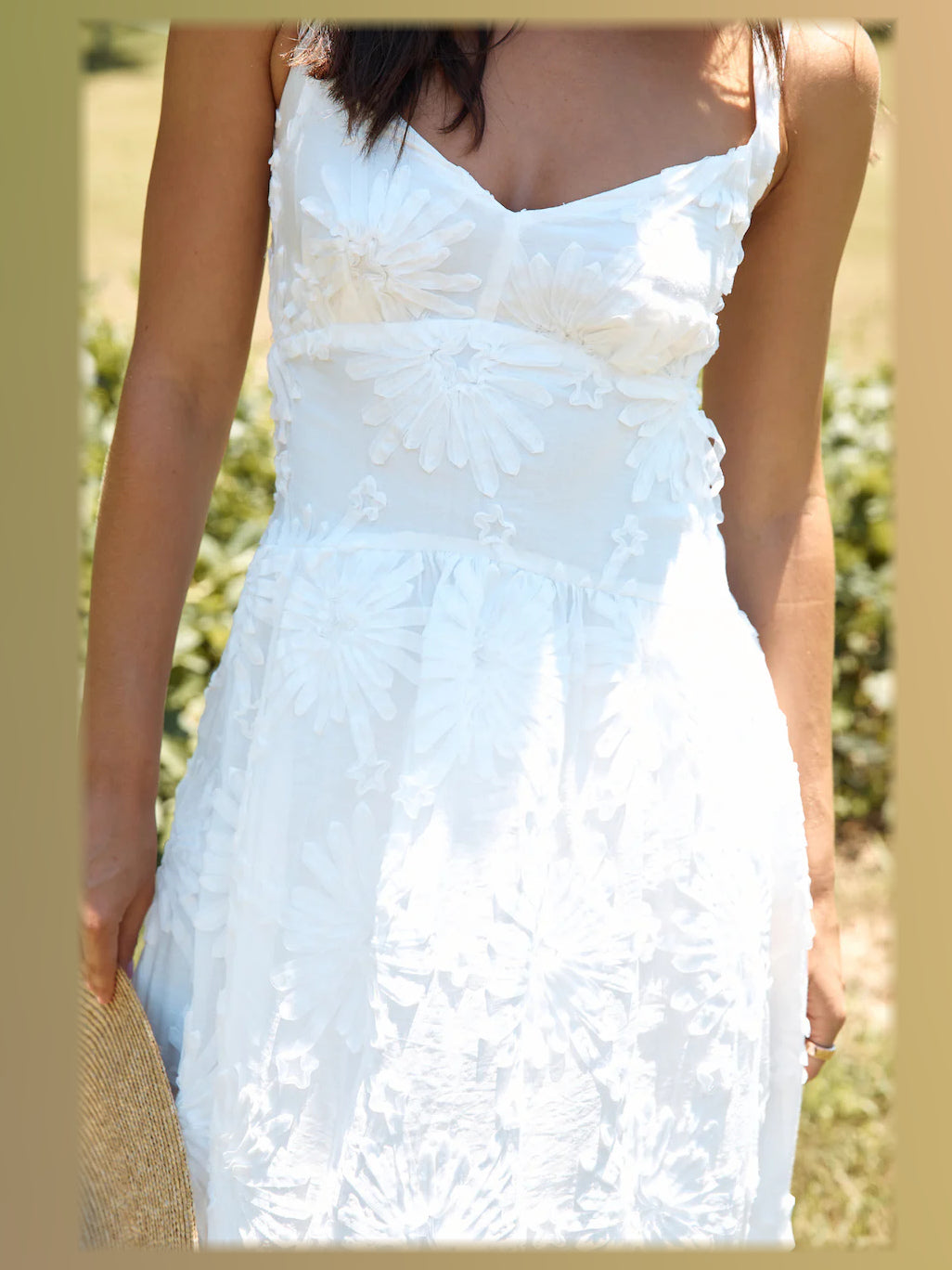 White midi formal dress, alternate full-length view showing the skirt
