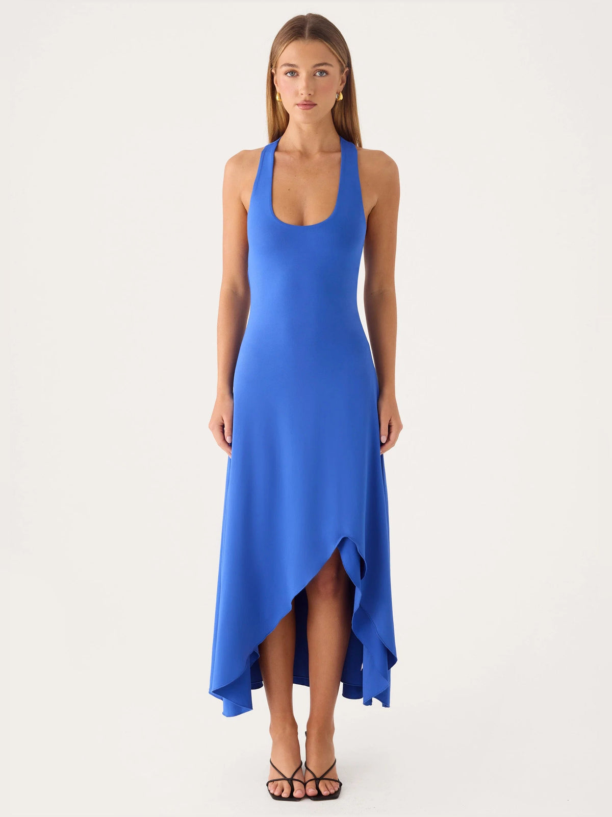 Cobalt blue asymmetrical midi dress with scoop neckline and side slit with draped panel