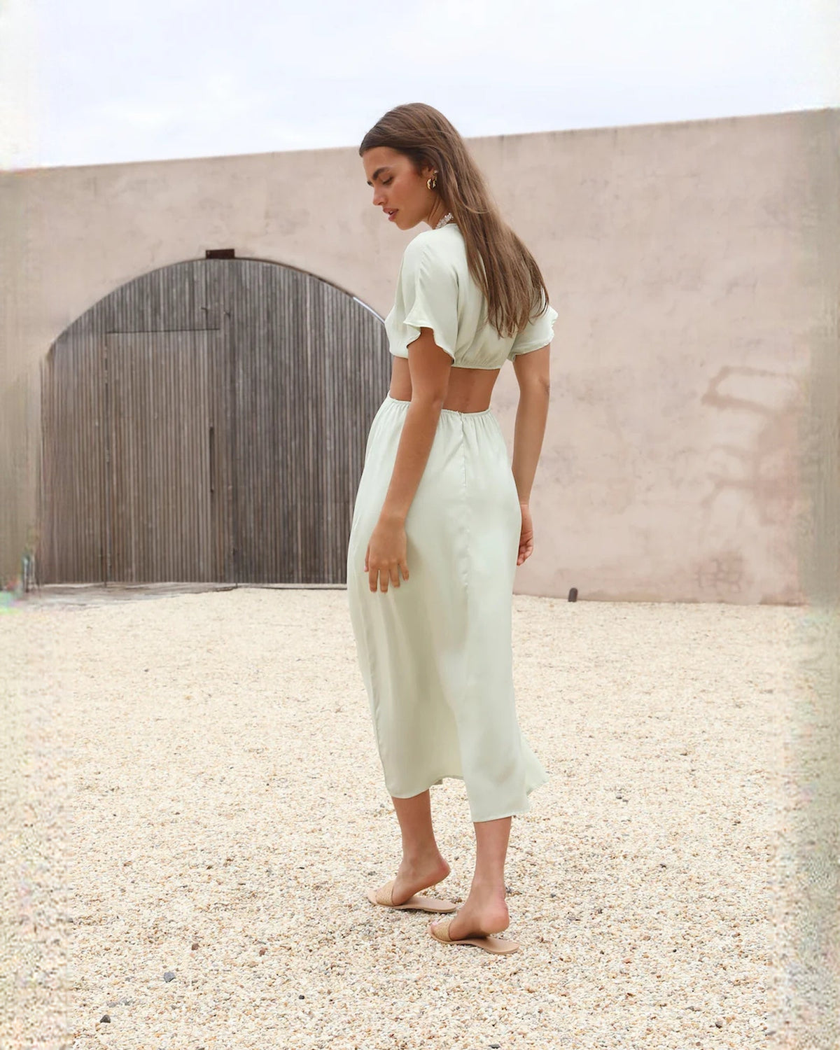 Mint green satin A-line maxi bridesmaid dress, V-neck and side slit, short flutter sleeves