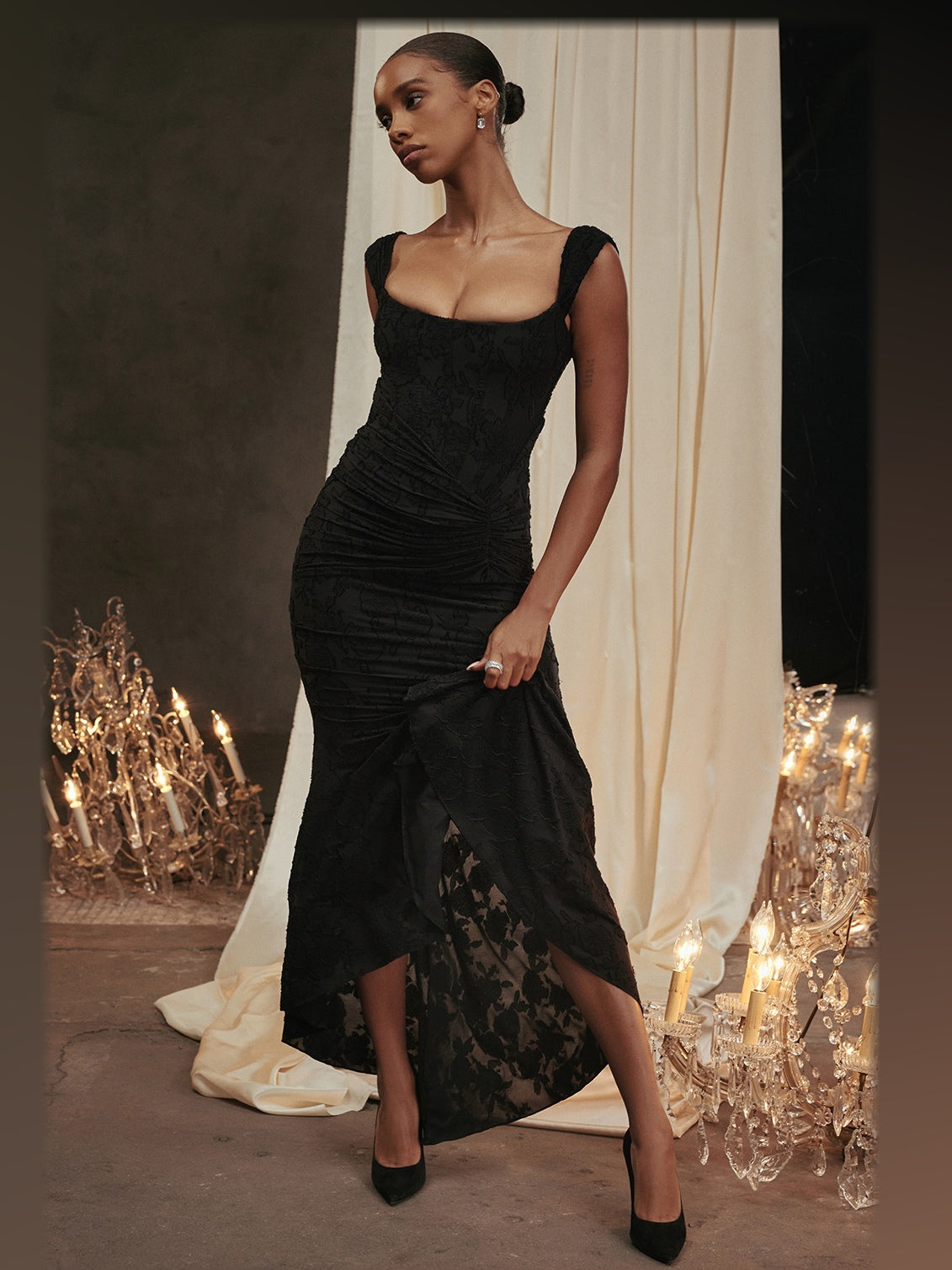 Black Floral maxi formal dress, alternate full-length view showing the skirt