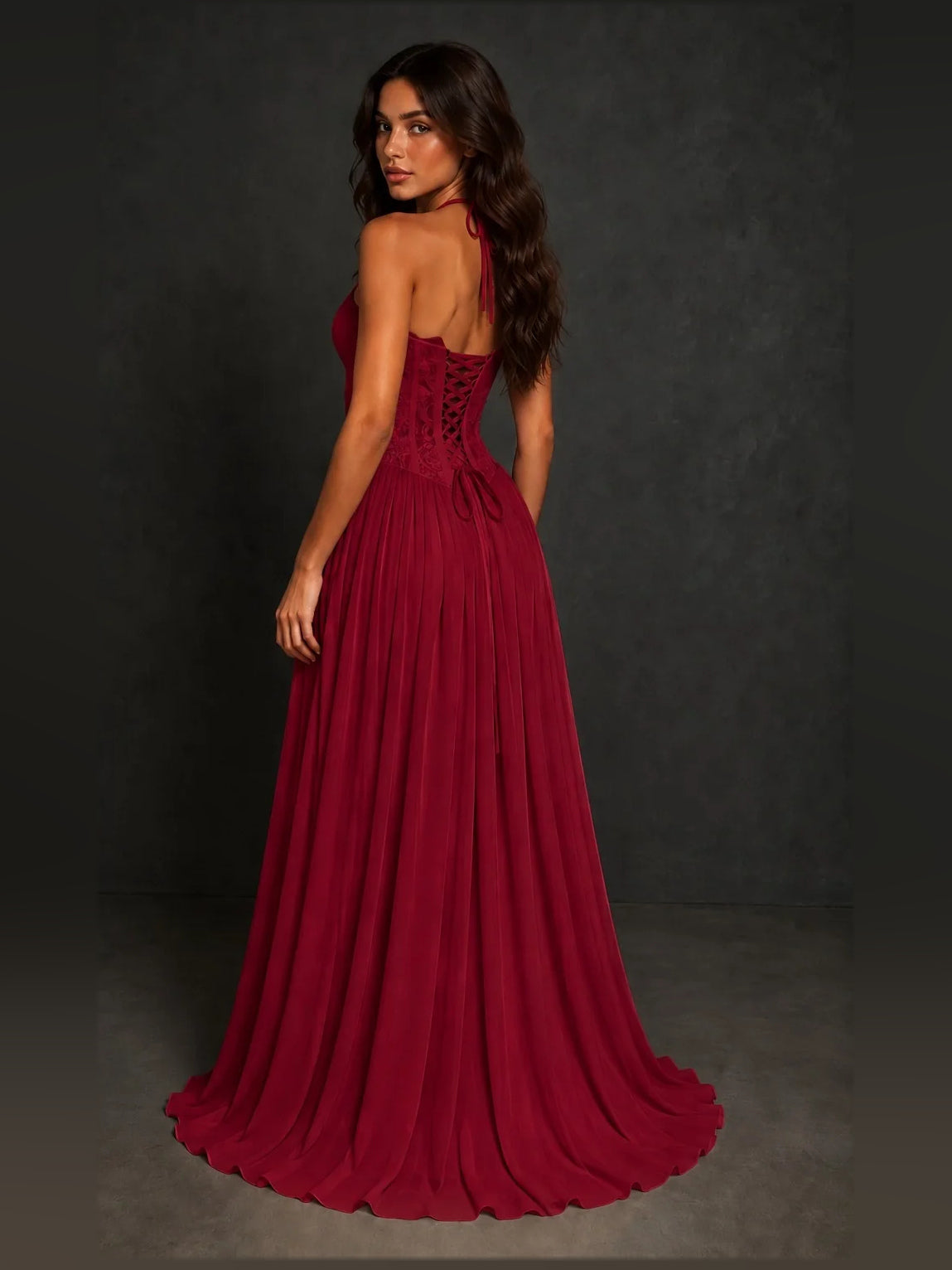 Burgundy sweetheart A-line prom dress with lace bodice and pleated floor-length skirt