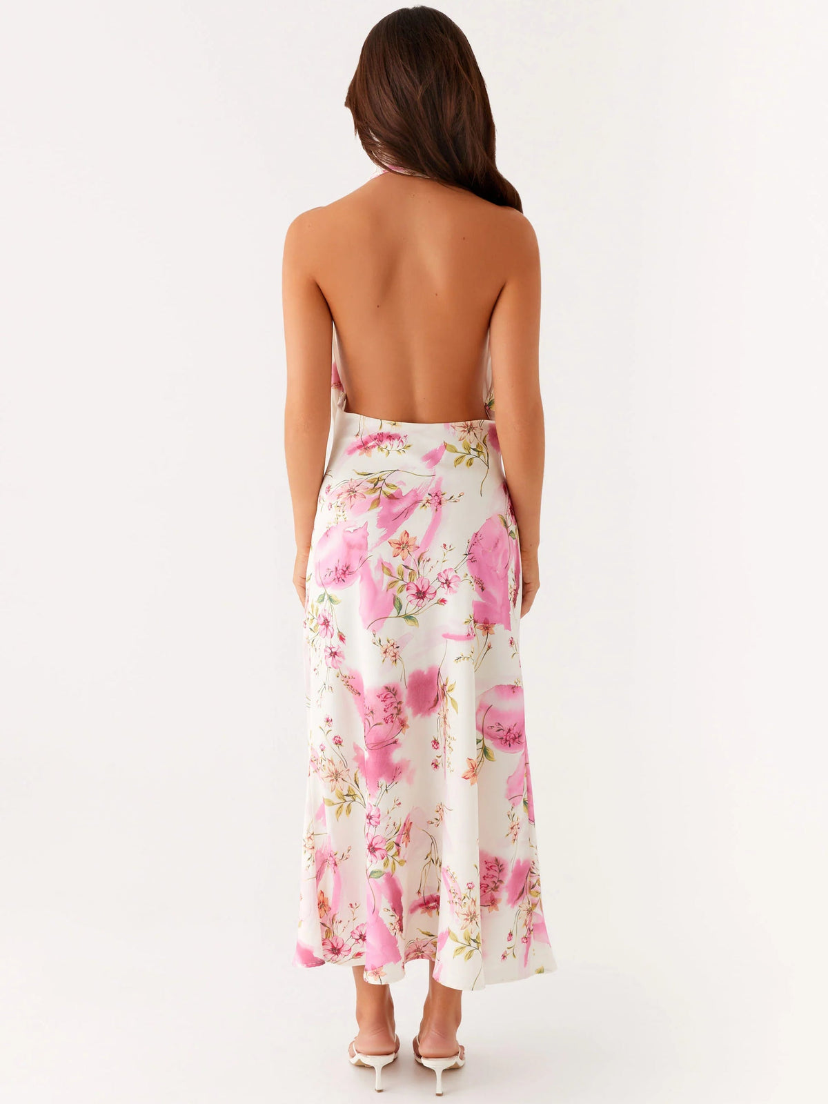 Ivory floral midi formal dress with open back, halter scarf neck, sleeveless