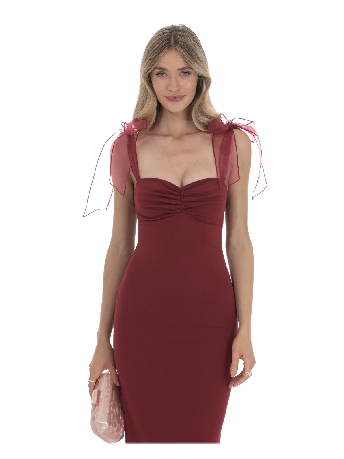 Maroon bridesmaid dress with a-line detailing