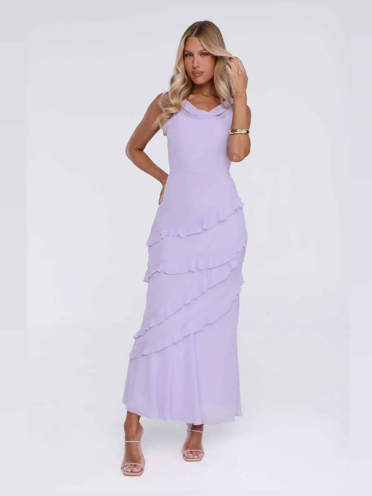 Lavender midi formal dress, alternate full-length view showing the skirt