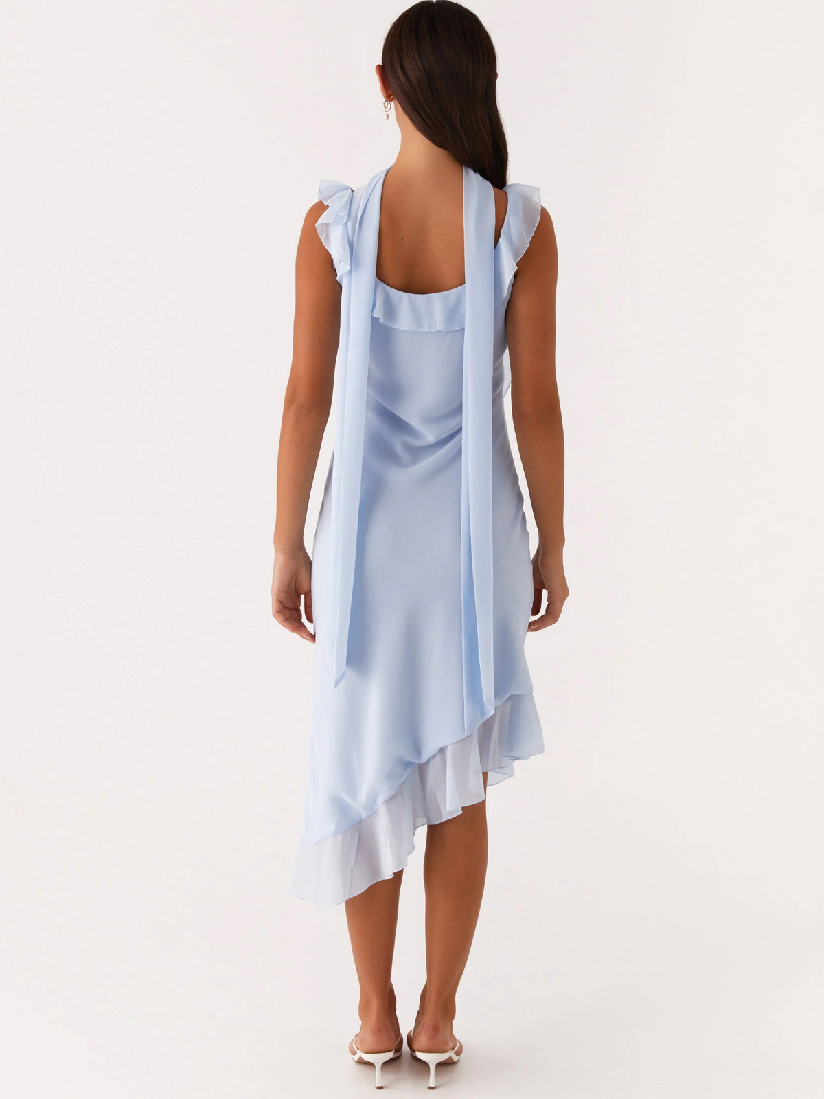 Light blue midi dress open-back style with ruffled shoulder straps and layered hem