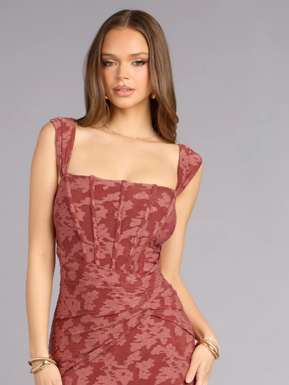 Burgundy square-neck corset bodice dress with ruching detail, sleeveless floral print