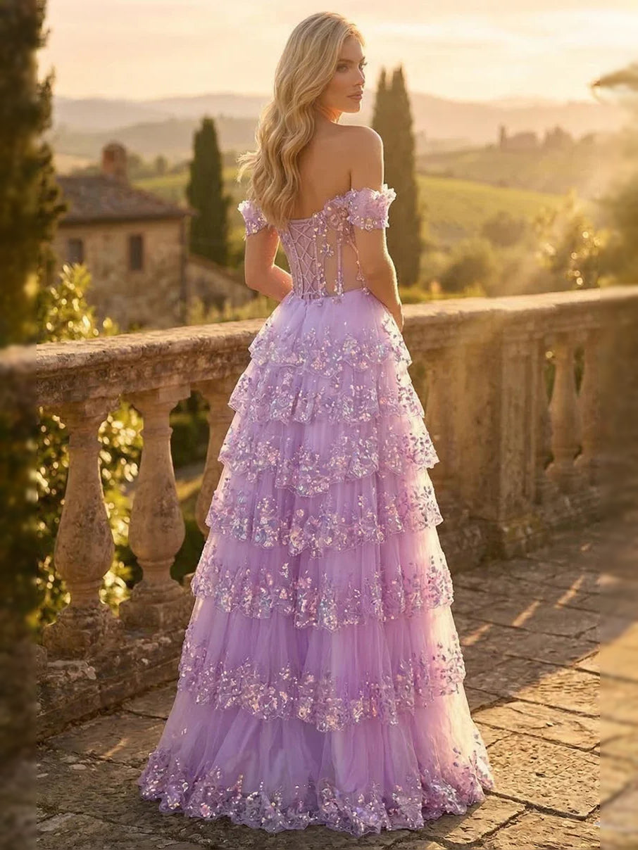 Lavender tiered off-shoulder corset maxi tulle prom dress with delicate lace appliques