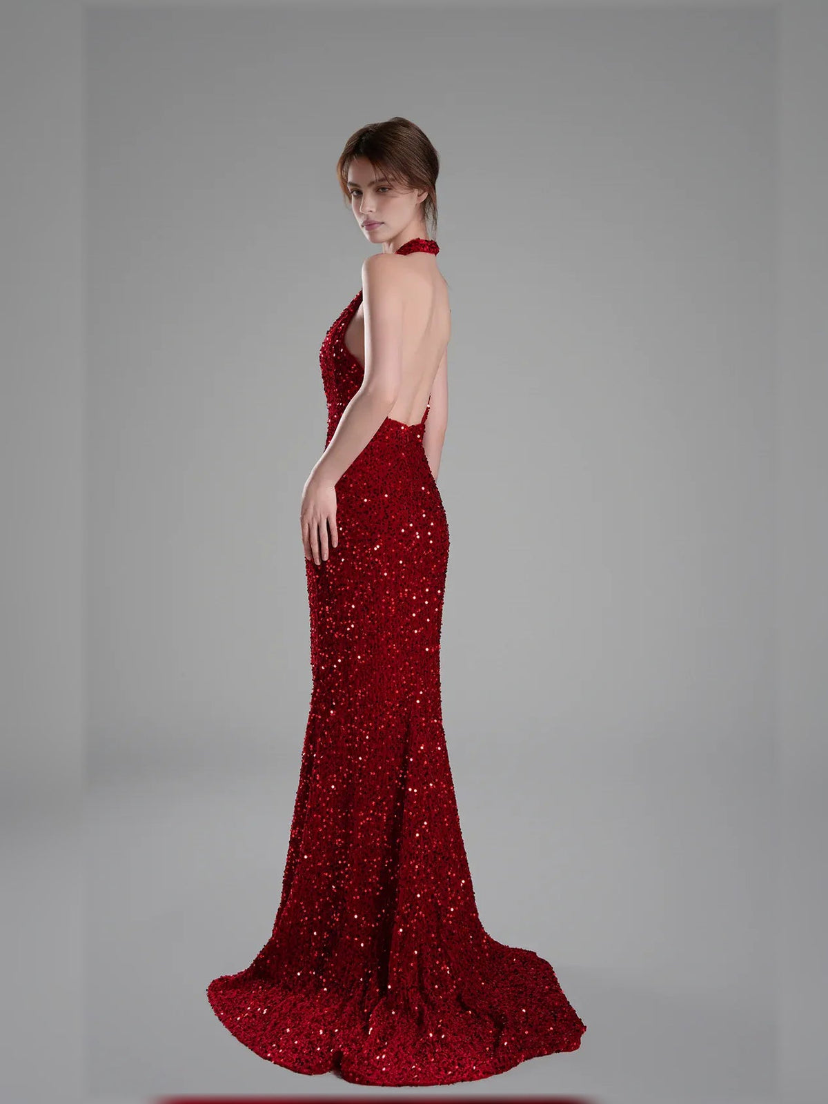 Deep red halter neck mermaid formal dress with backless halter and long hem