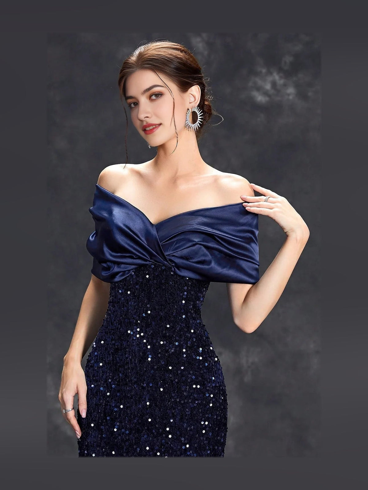 Dark navy off-shoulder sequin prom dress with shiny draped satin wrap bodice