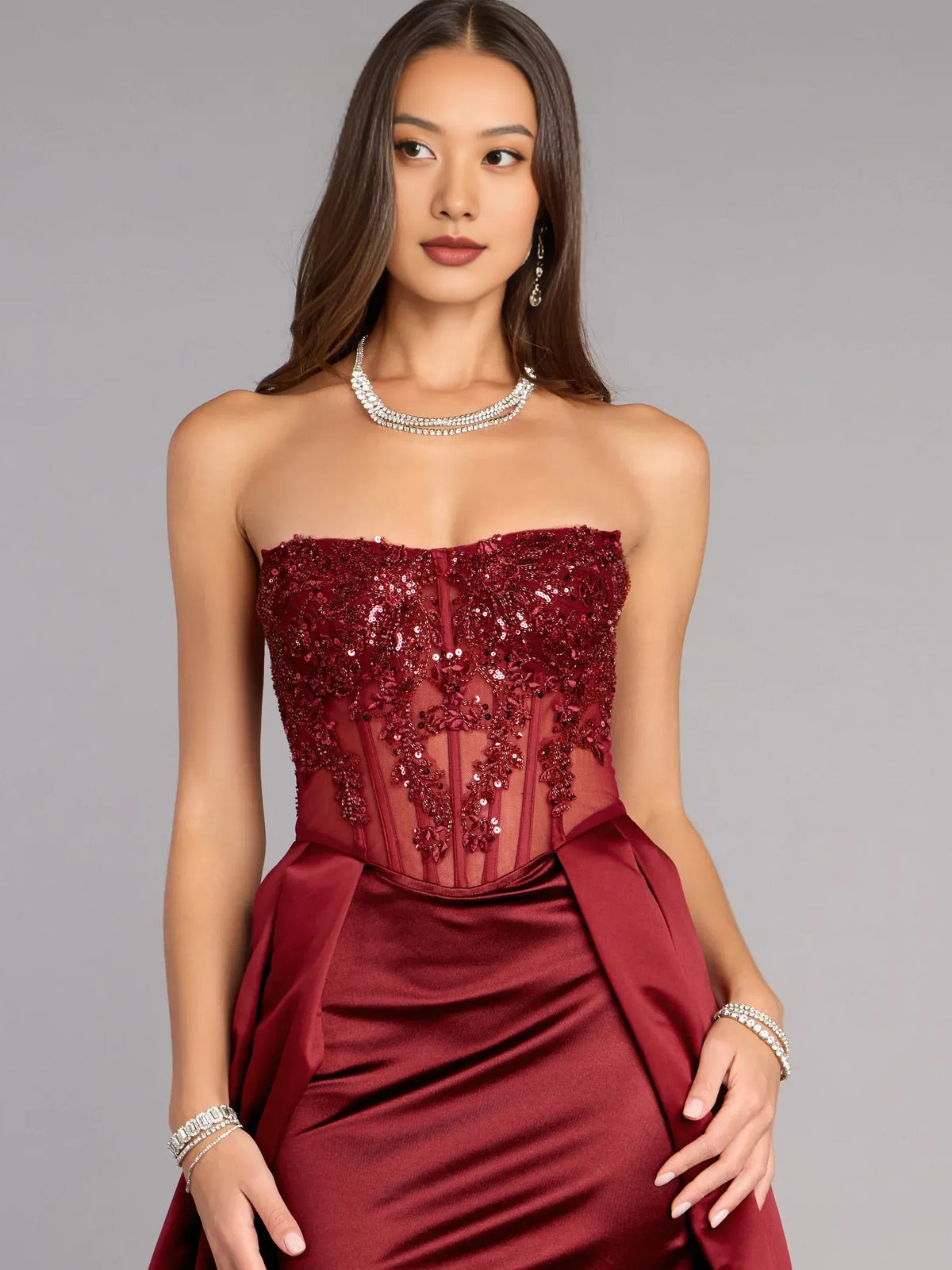 Burgundy strapless beaded bodice mini formal dress with satin ruching
