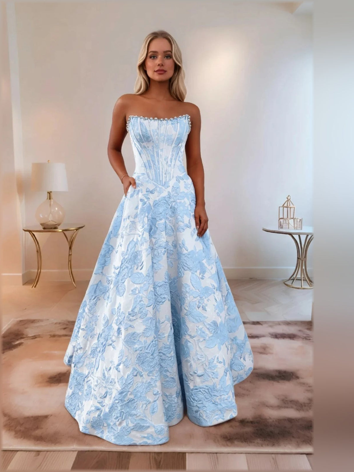Blue sweetheart strapless corset maxi formal dress, ruched bodice floral jacquard